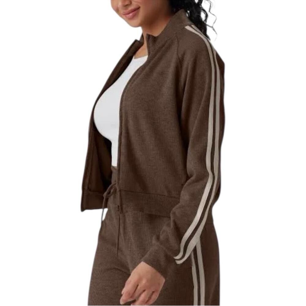 Halara Brown Ribbed Stand Collar Zip Track Jacket with Taupe Stripes NWOT M